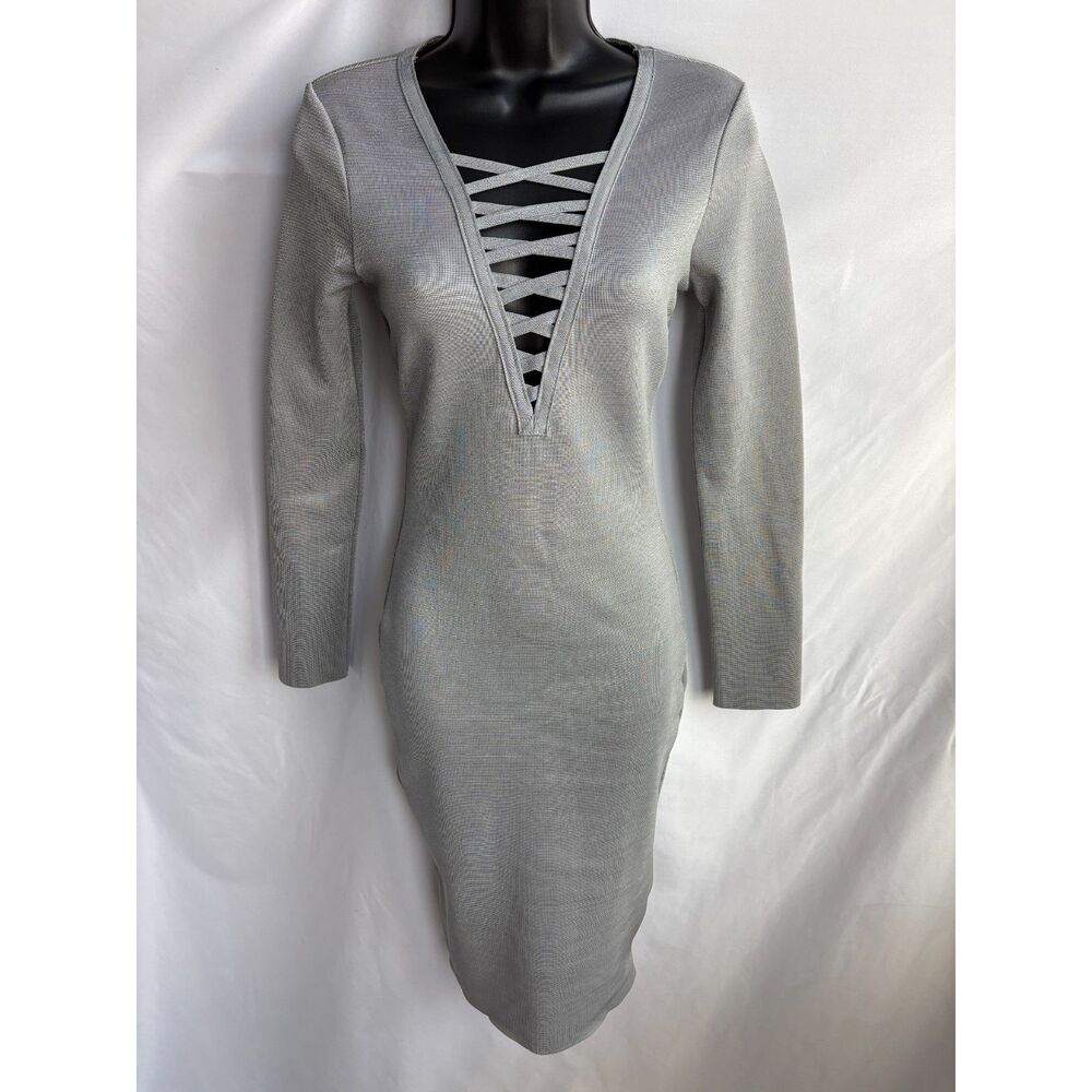 WOW Couture New Grey Bandage Midi Dress Cross Chest Size S Y2K 2000s Bodycon